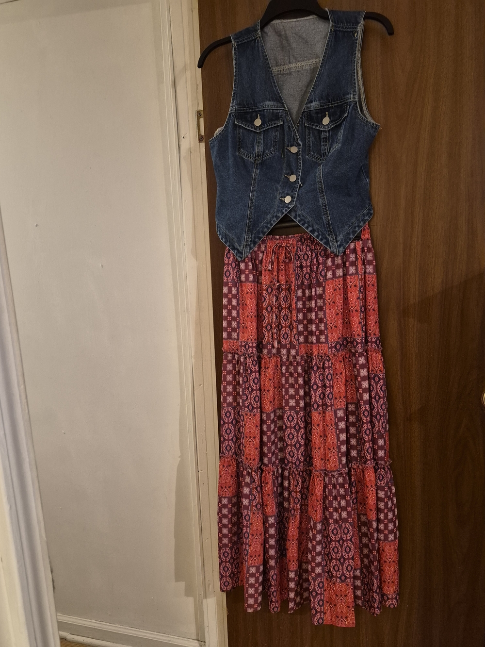 Denim Vest with Boho Red Patchwork Maxi Skirt
